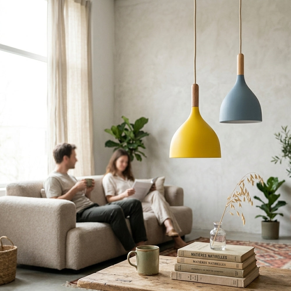 Suspension led en métal coloré et baton en bois - Gamma