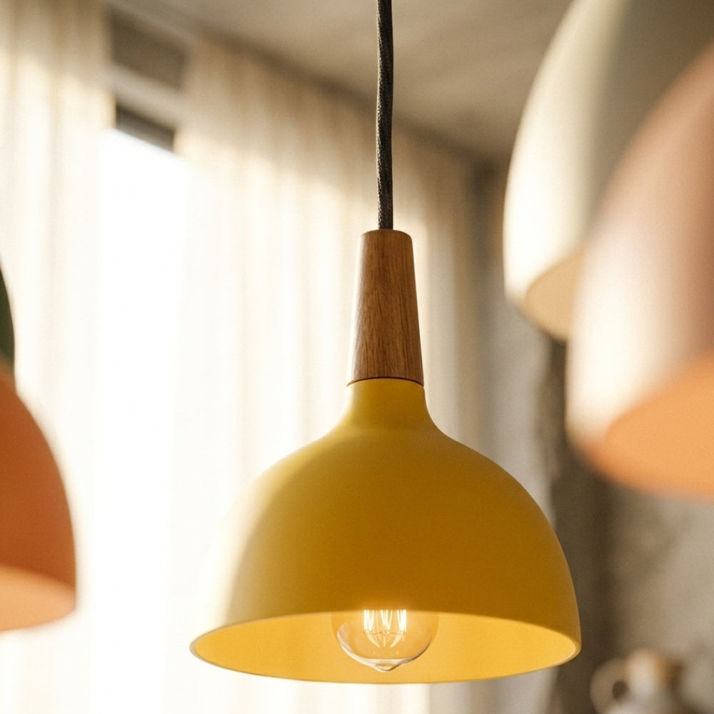 Suspension led en métal coloré et baton en bois - Gamma