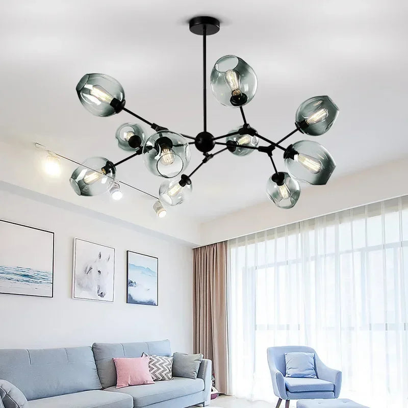 Lustre design à led avec branches métal et bulles en verre - Diffus