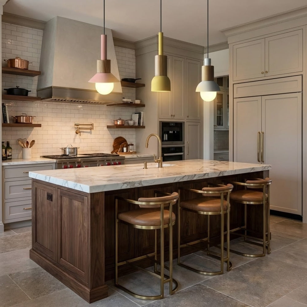 Suspension en fer et bois rose, vert et jaune - Halo