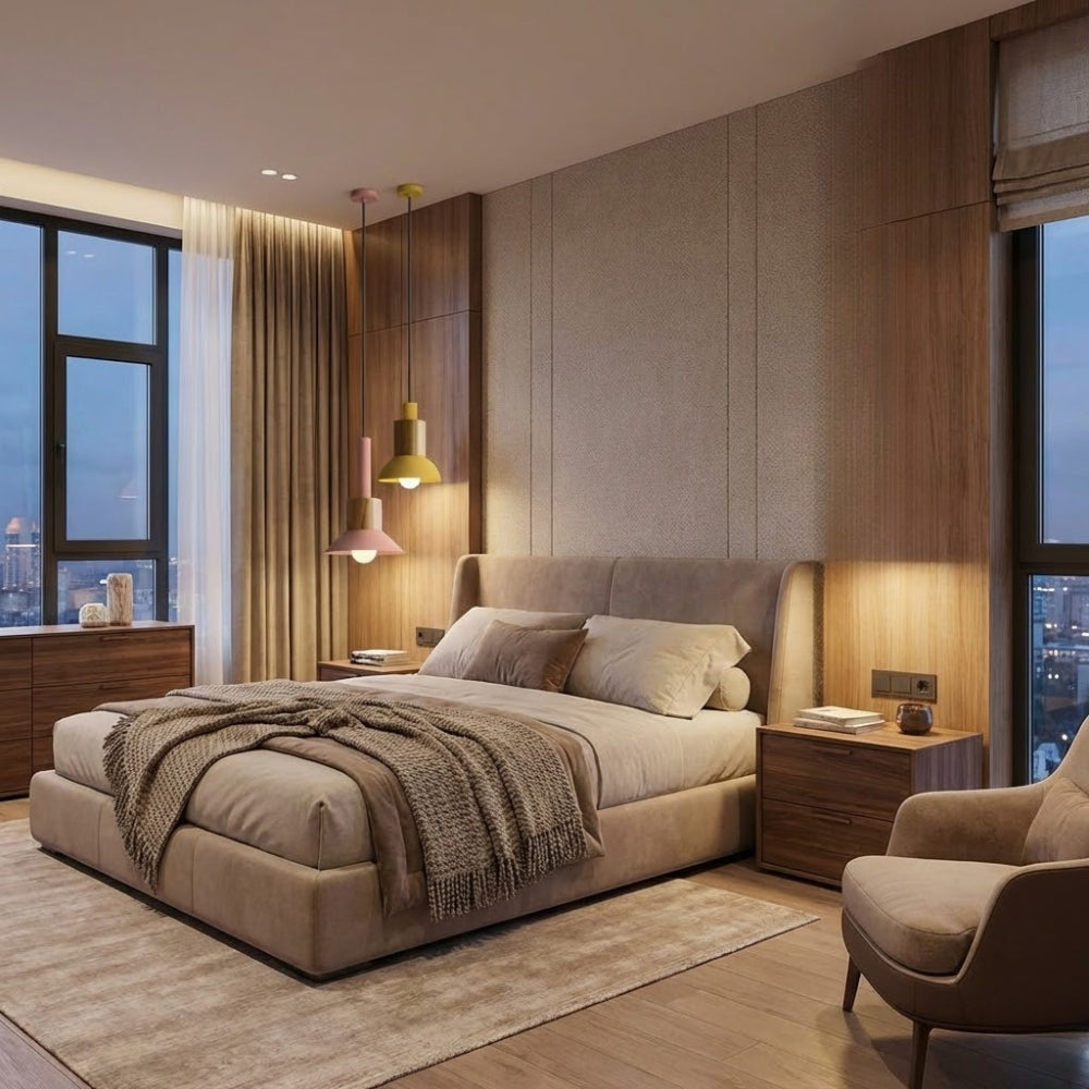 Suspension en fer et bois rose, vert et jaune - Halo